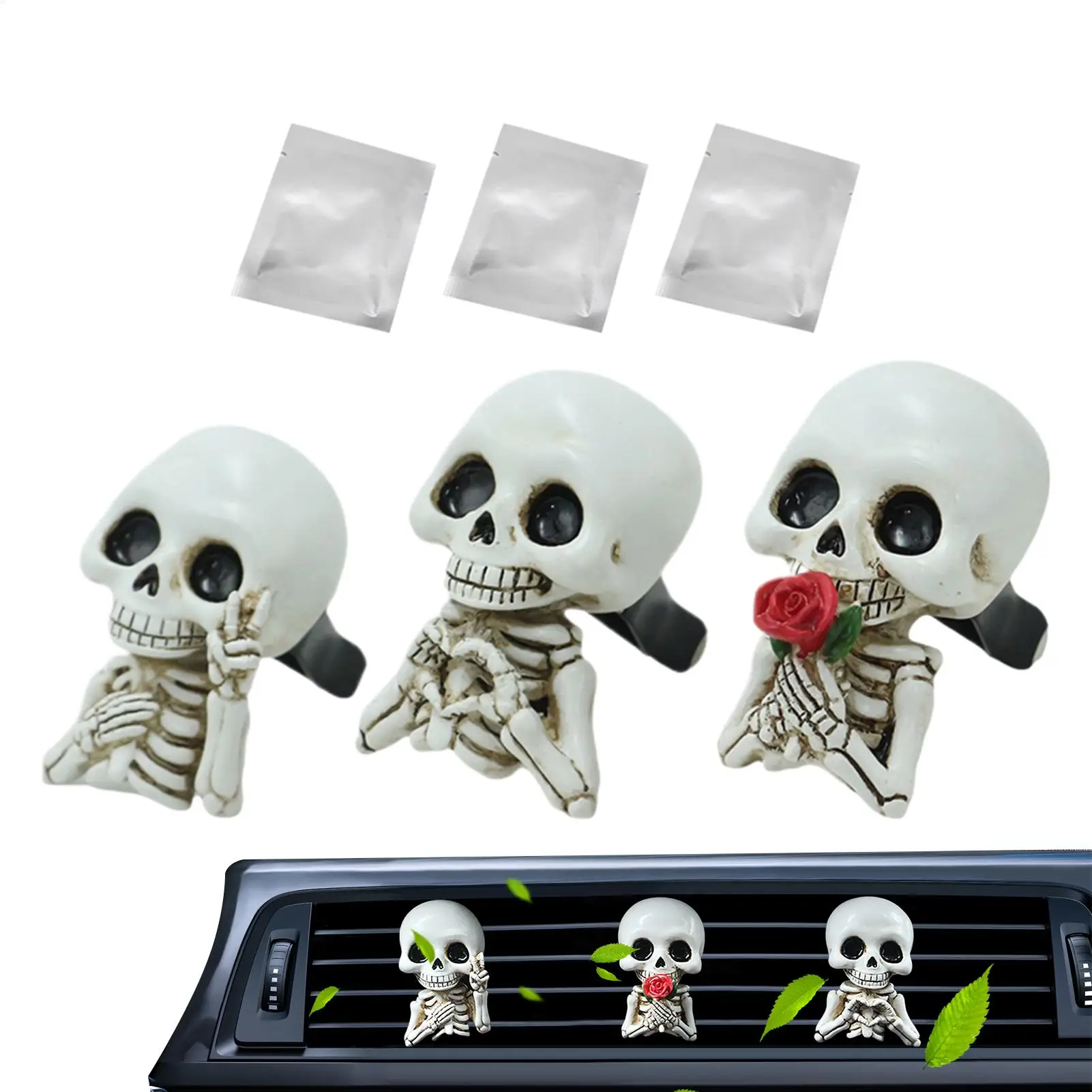 Skull Car Vent Clips Air Freshener Set 3PCS Resin Skeleton Aroma Diffuser For Vehicle AC Outlet Decor Interior Odor Eliminator