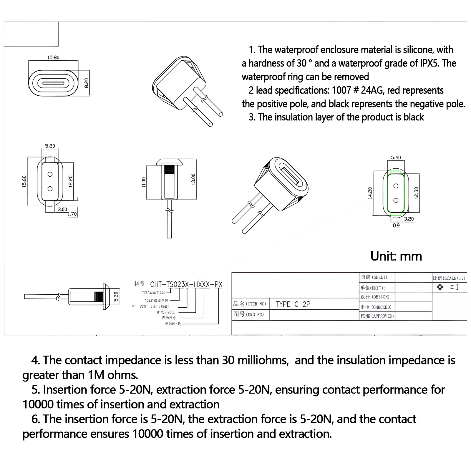 Type C USB Connector Female Chassis Waterproof Type-C With card Buckle 3A Fast Charging Port Charger Plug Socket