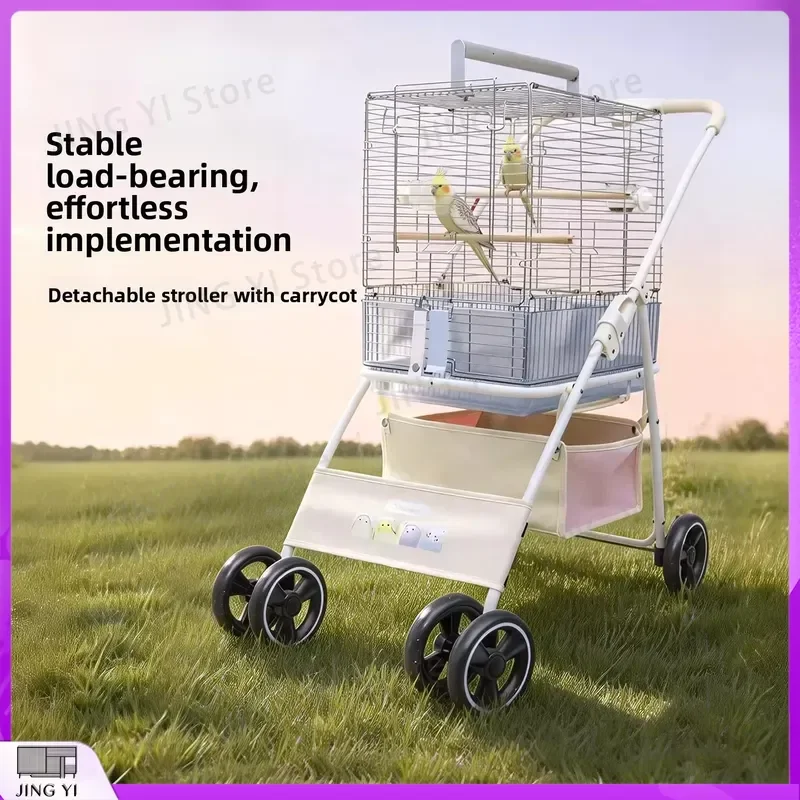 Foldable Lightweight Pet Stroller for Parrots Dogs Cats Outdoor Travel Carrier with Storage Space Portable Pet Transport Cart