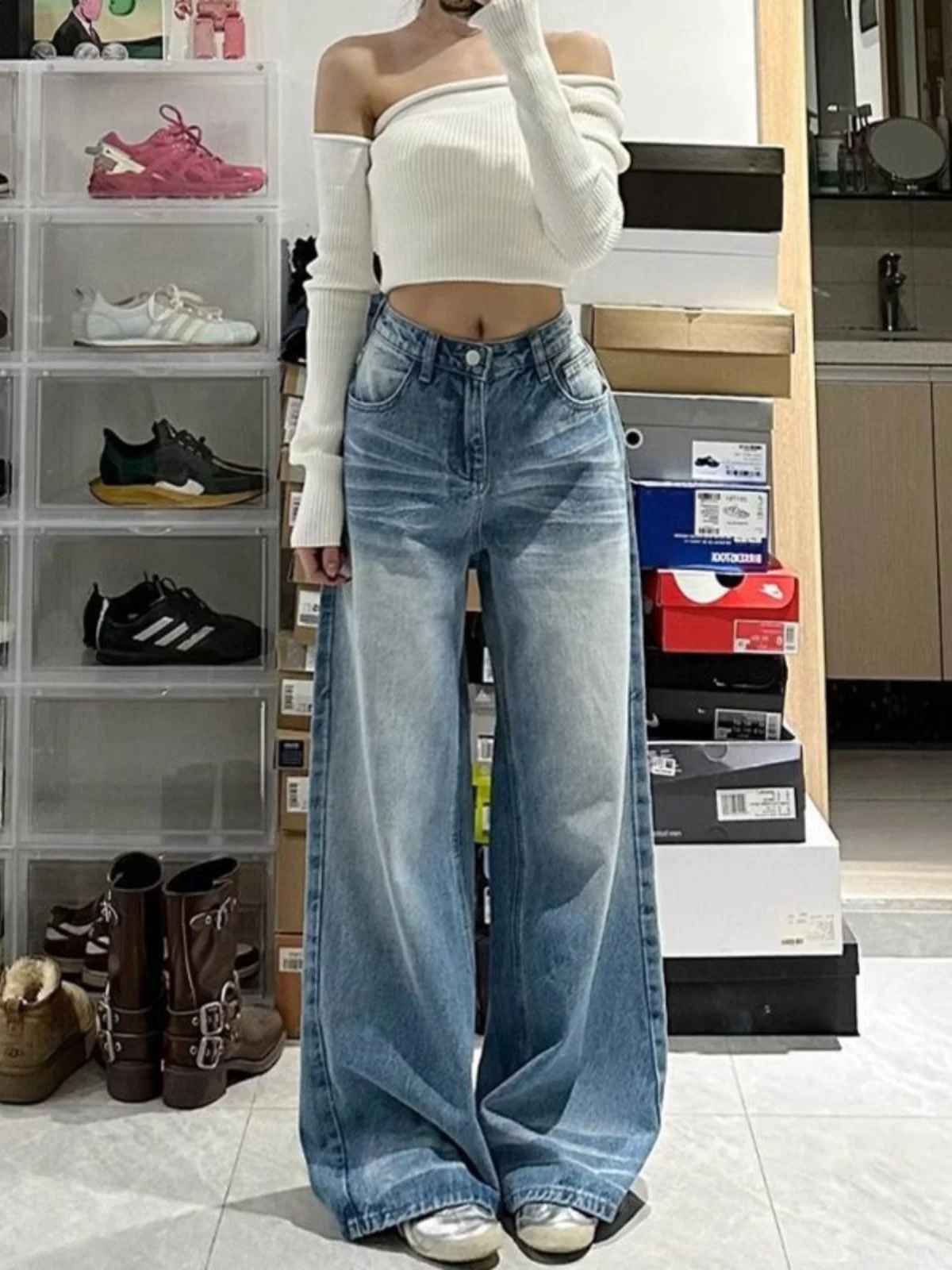 High Waist Wide Leg Straight Cut Jeans Women's Autumn Small Size Retro Washed Slimming Floor-Length Pants Casual Denim
