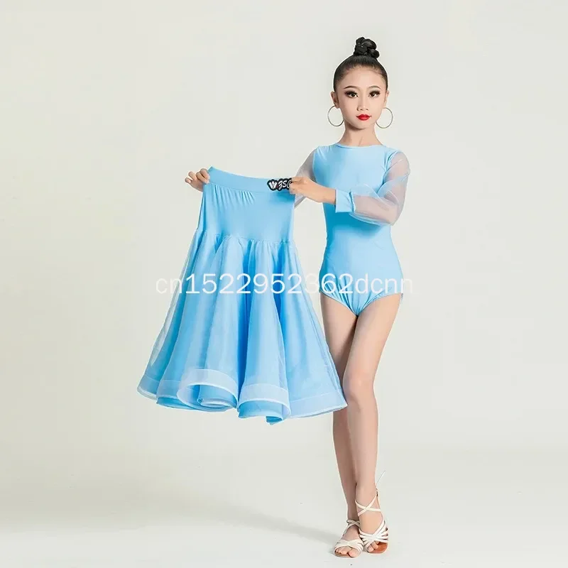 여아용 왈츠 표준 댄스 공연복 투피스 탱고 무대 의상 핑크 블루 볼룸 댄스 드레스