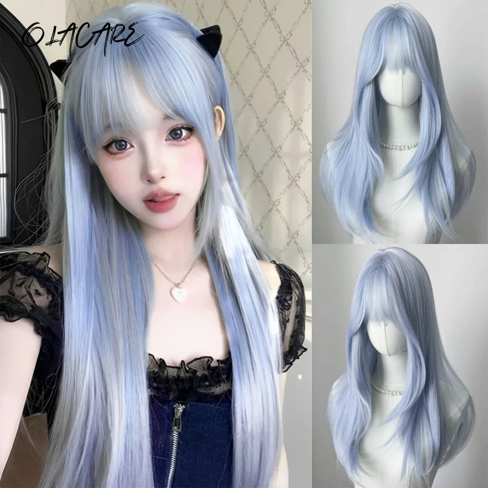 OLACARE Long Straight Synthetic Wig Gray Center Part Natural Bangs High Temperature Silk Wig For White Women Cosplay Daily