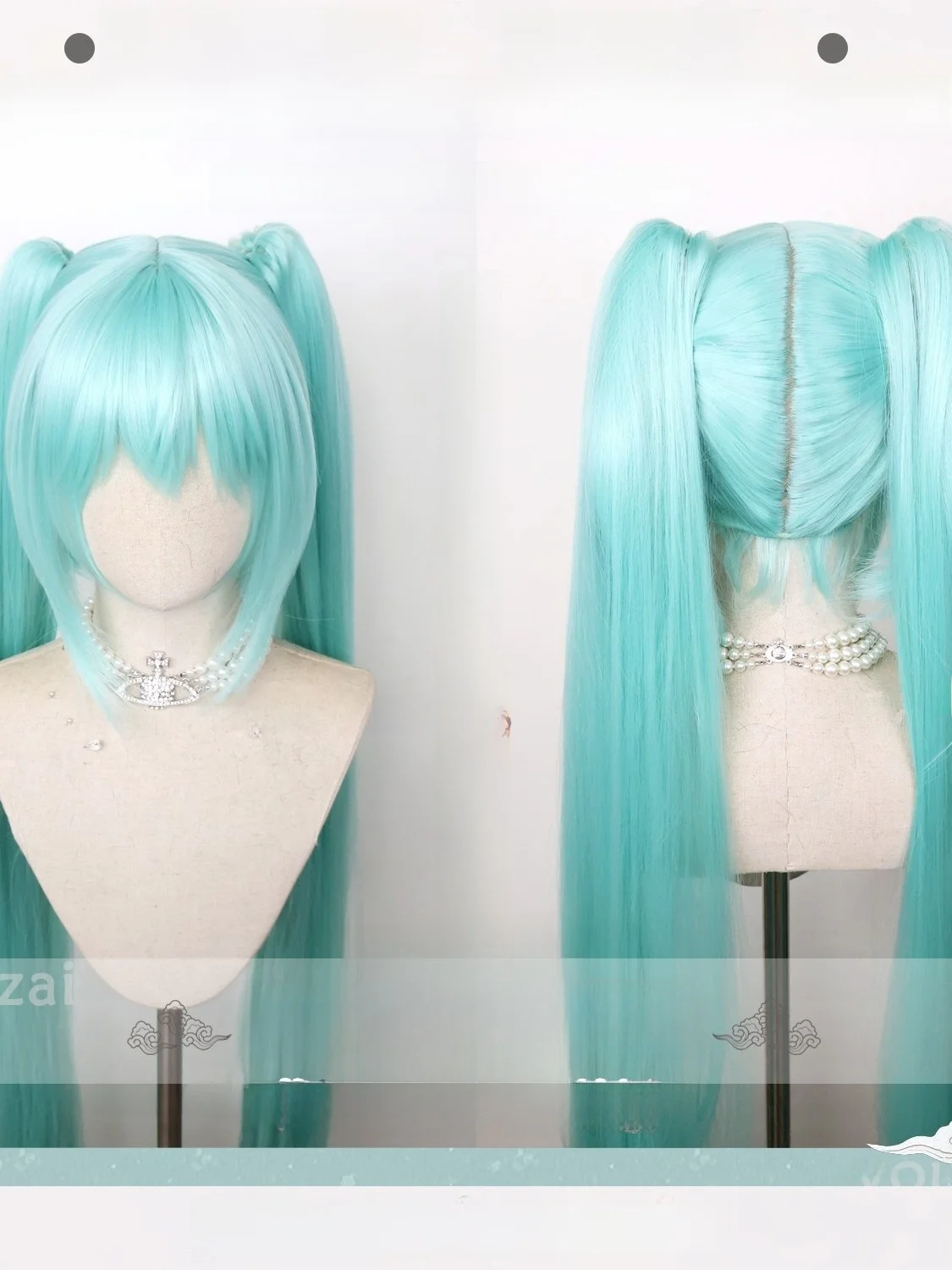 ミントグリーンのコスプレウィッグ、虎口クリップ付きダブルテールバンズヘアアクセサリー、ボーカロイド初音ミクアニメコスチューム小道具用