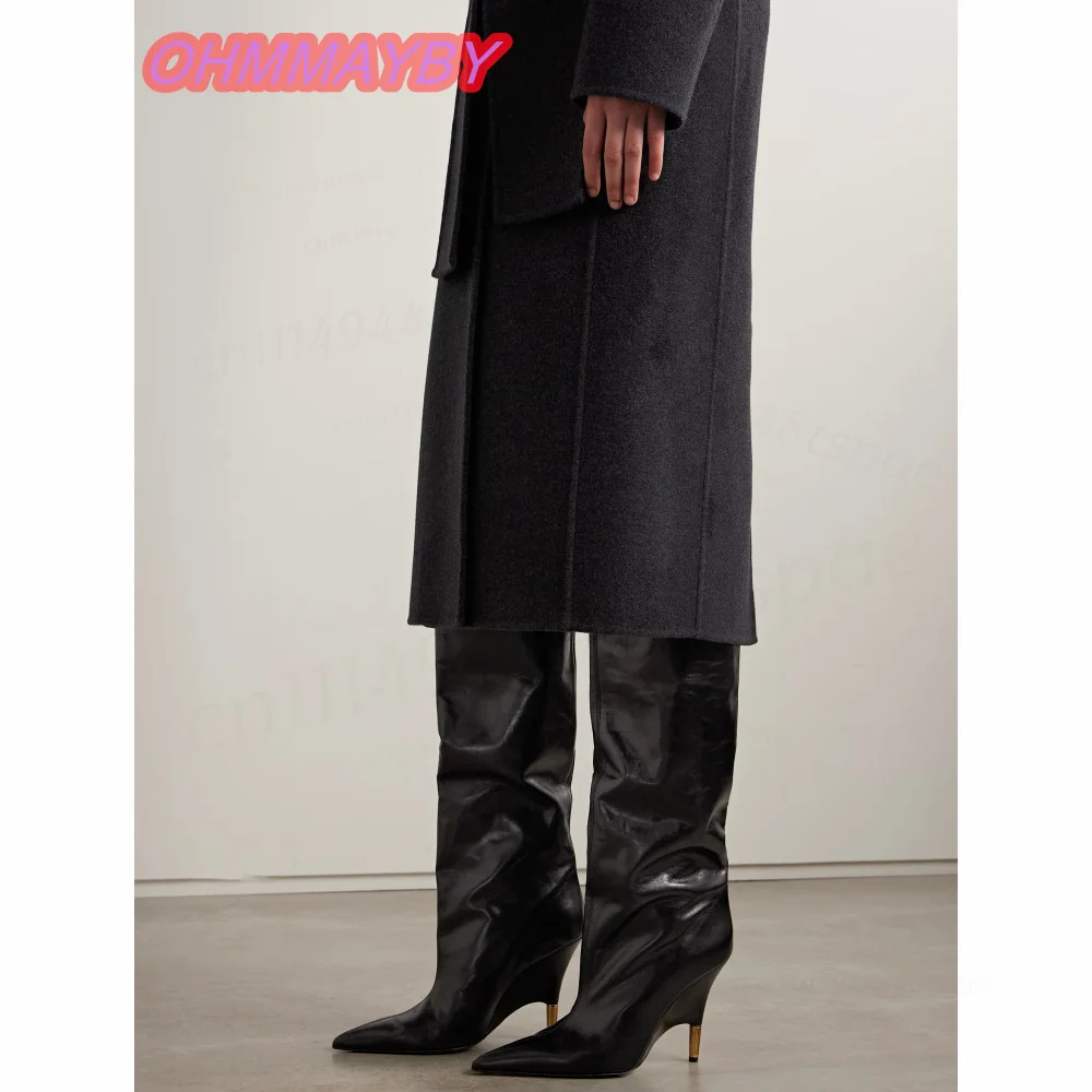 Black Knee High Boots for Women Pointed Toe Tapered High Heels Gold Tone Heel Detail Solid Color Fall Winter Evening Dress Shoes
