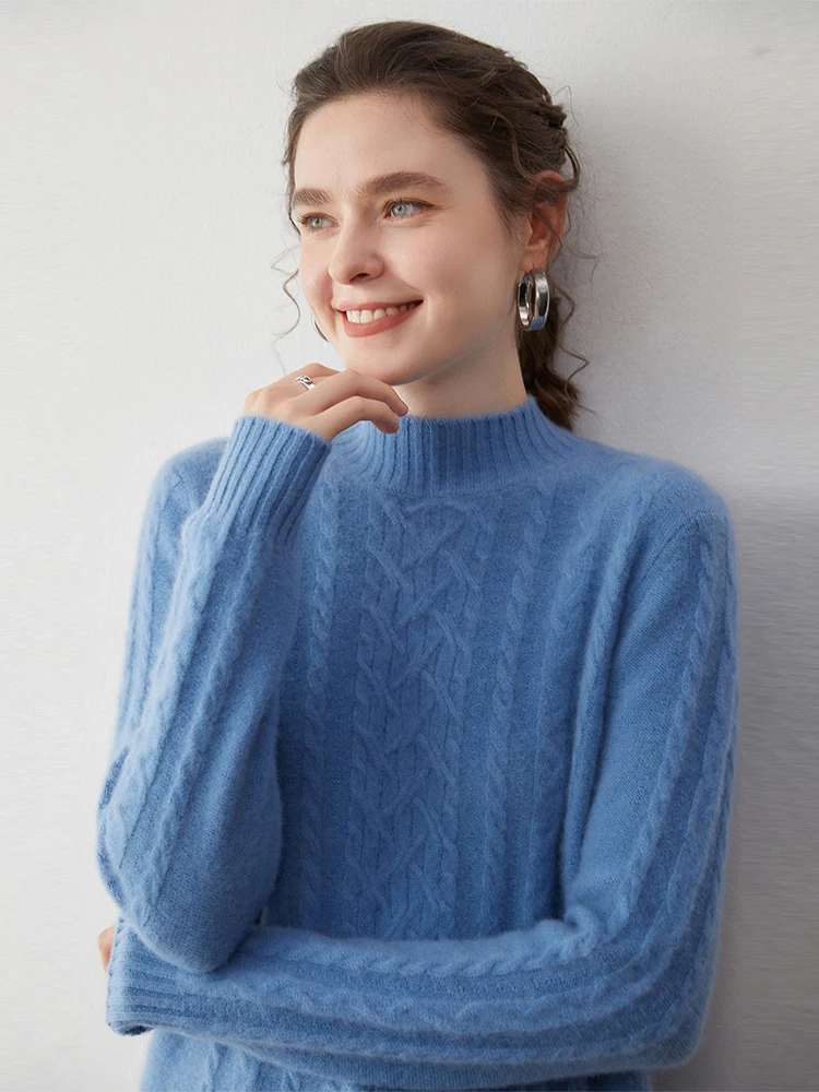 Damski sweter z golfem, dzianinowy, z wzorem kablowym, wykonany w 100% z kaszmiru, ciepły, miękki, na jesień i zimę, prosty, wygodny, odzież, topy.