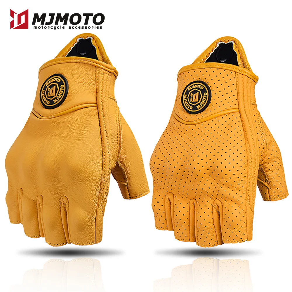 Summer Yellow Leather Motorcycle Gloves Fingerless Motorbike Motocross Riding Gloves Half Finger Retro Moto Biker Cycling Gloves