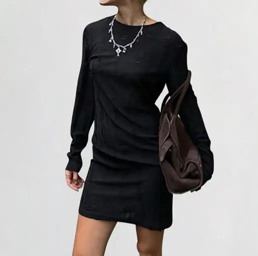 

Autumn Minimalist Knitted Retro Round Neck Slim Fit Hip Hugging Skirt with Hollowed Out Antique Hip Hugging Long Sleeved Dress