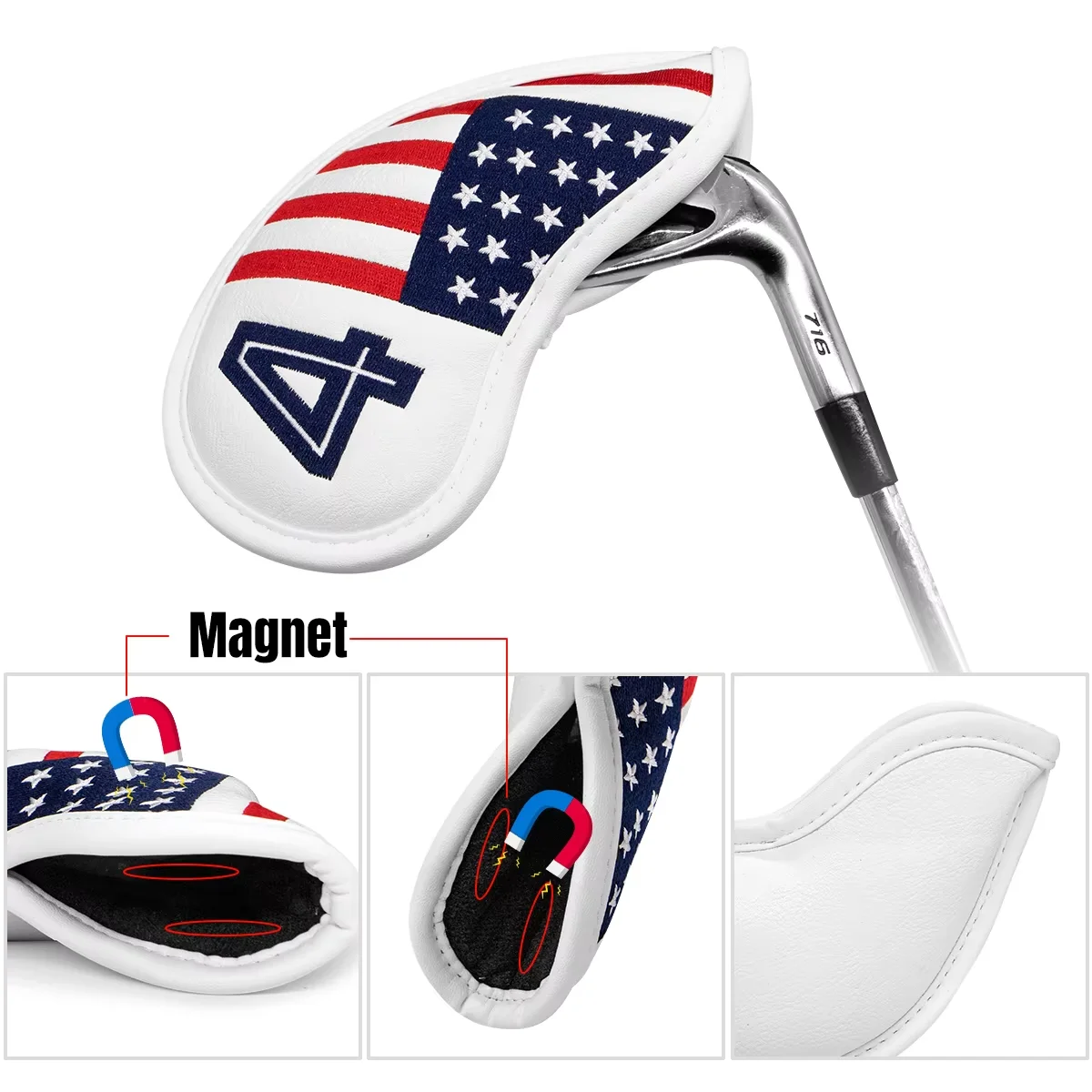 Golf Iron Headcovers with Magnetic Closure, Elegant Embroidery, USA Flag, Premium Leather, Cover, 10Pcs, Set