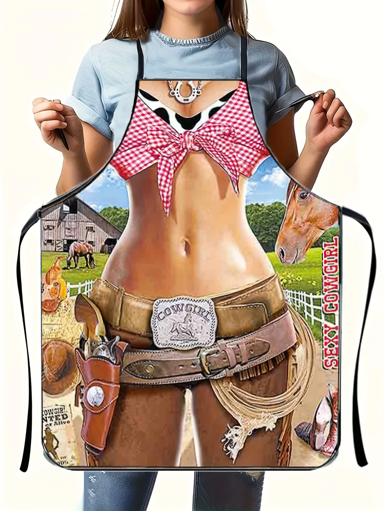 

1pc Unisex Cowboy Graphic Apron - Adjustable Black Denim-Style with Checkered & Western Motifs, Decorative Lace Trim