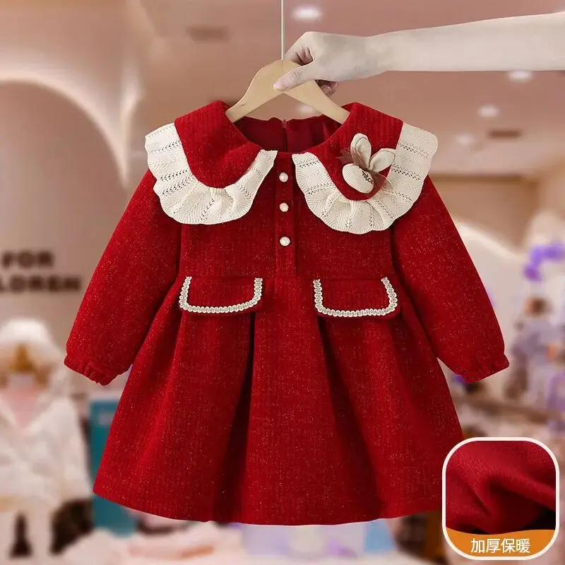 Autumn and winter baby girl\'s velvet princess dress 2025 new children\'s New Year\'s dress long sleeved dress