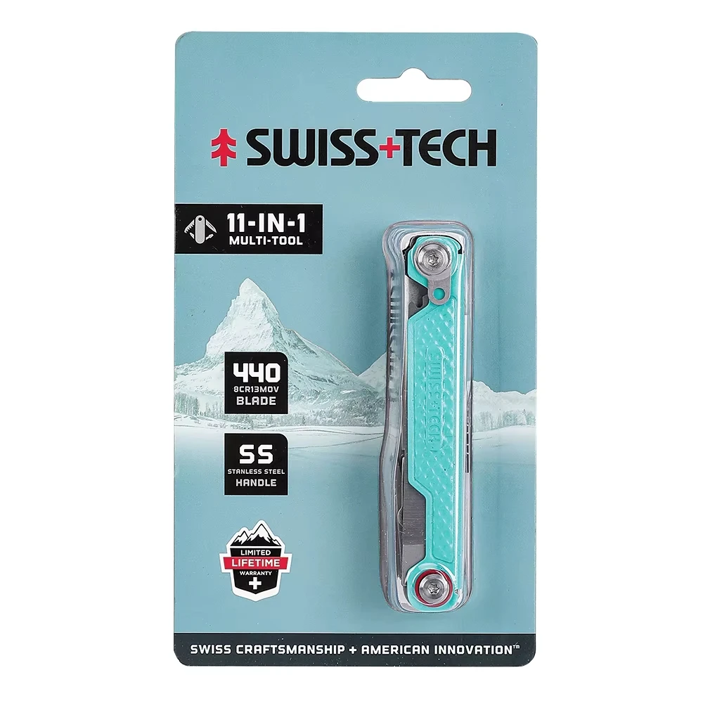 SWISS TECH 11 in 1 multifunctional folding EDC outdoor survival tool with scissors, screwdriver, saw