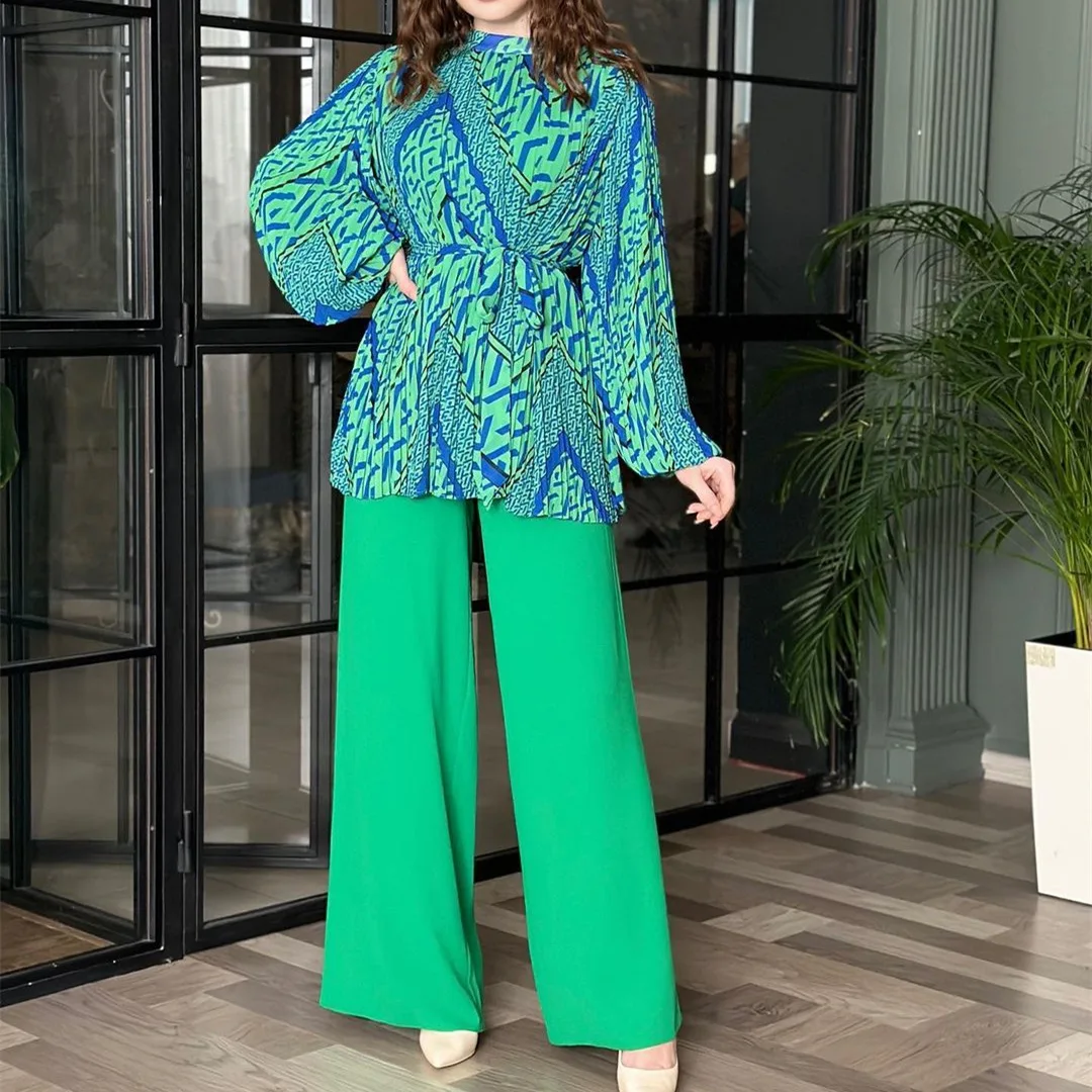 Eid Muslim Set Women 2 Piece Sets Musulman Ensemble Split Print Lace Up Blouses Wide Leg Pants Casual Arabic Ramadan Suits