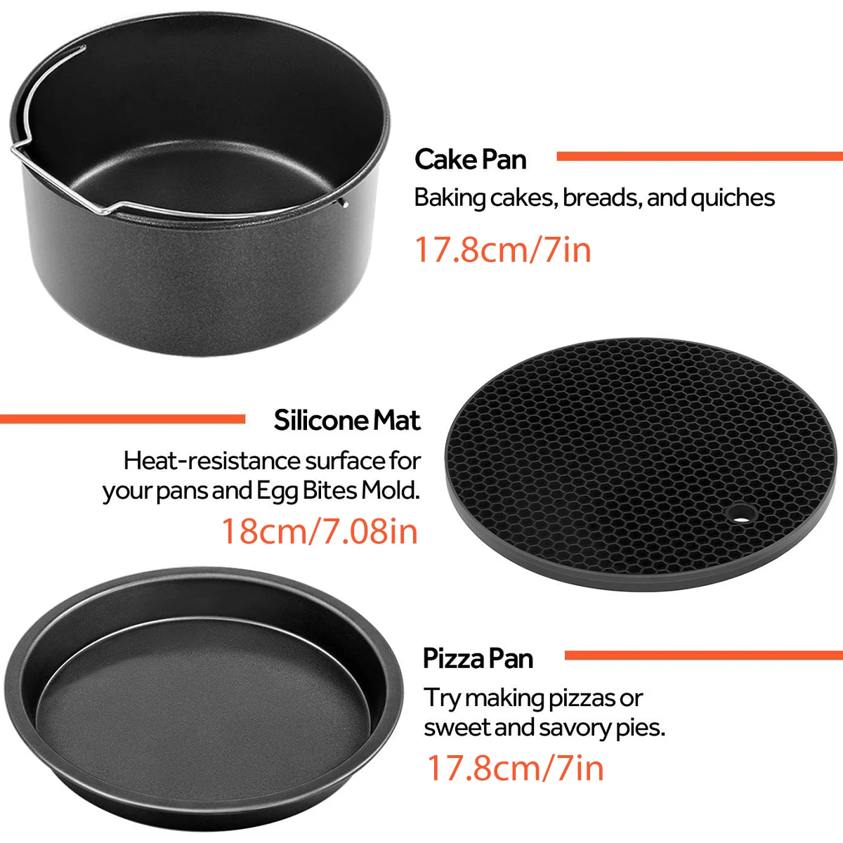 Air Fryer Accessories 10pcs/set 7 Inch / 8 Inch for Gowise Phillips Cozyna and Secura with Cake Basket Pizza Pan Skewer Rack Oil