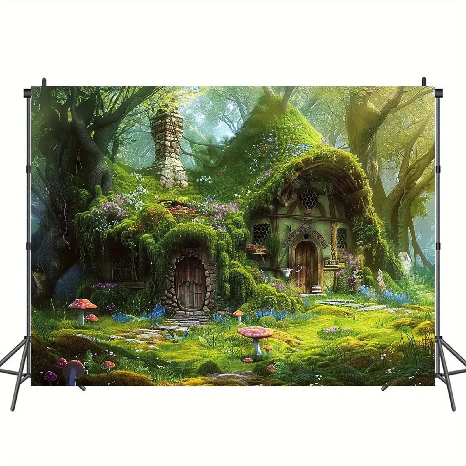 A Fairy Tale Green House Background Featuring A Forest Cabin Home Tapestry with Vibrant Moss and Flowers