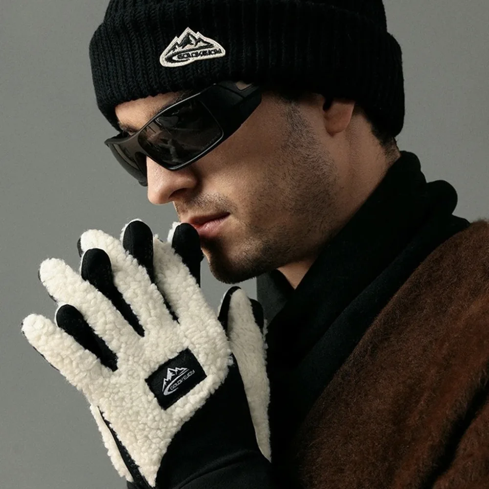 Winter Warm Thicken Fleece Gloves Anti-slip Touch Screen Cycling Mittens Windproof Teddy Velvet Thermal Black Gloves