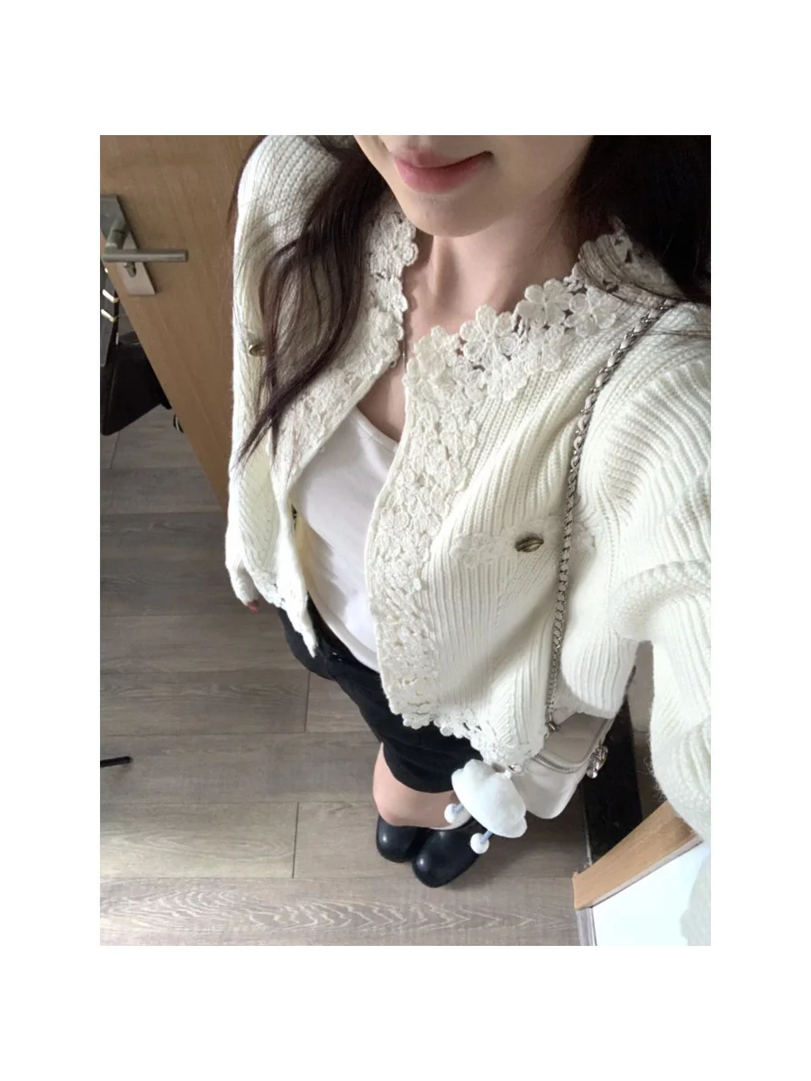 Hand Embroidered Lace Trim Knitted Open Cardigan Women's Loose Versatile Top Outerwear White Autumn Winter New Style