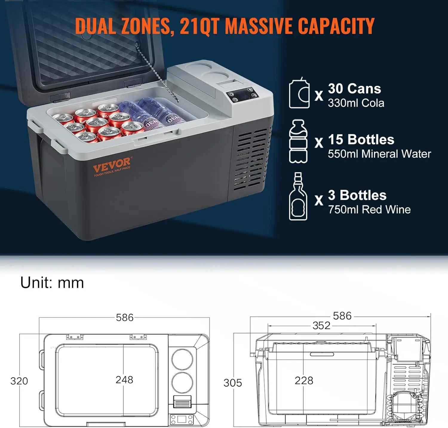 12 volts refrigerador do carro, 21 QT/20 L única zona congelador portátil, -4 ° F-50 f faixa ajustável, 12/24V DC e 100-240V AC