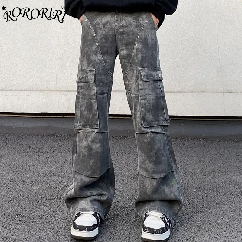 RORORIRI Men Rivets Denim Cargo Pants Women Camo Multi Pocket Retro American Low Wide Flare Jeans Vintage High Street Clothes