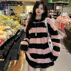 WTEMPO Women Gothic Loose Pullover Jumper Top Fashion Cable Knitted Striped Long Sleeve Sexy Irregular Ripped Hole Sweater