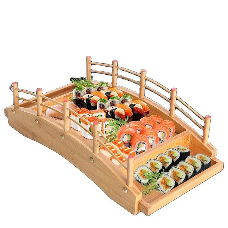 Wooden Sushi Serving Tray Plate for Restaurant or Home, Sushi Bridge Shape Plate Japanese Sushi Sashimi Serving Plate