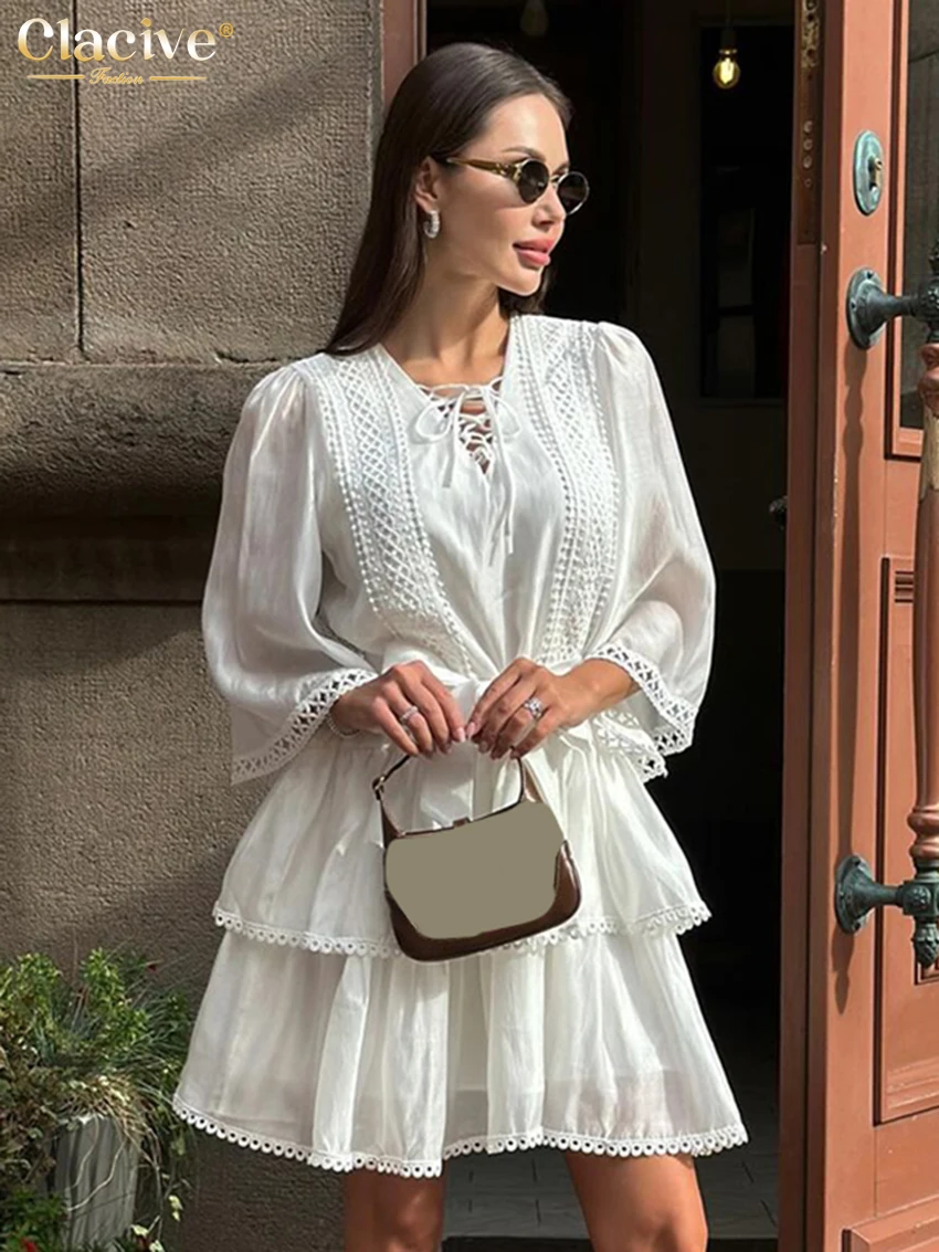 

Clacive Summer Loose White Women's Dress Casual V-Neck Three-Quarters Sleeve Mini Dresses Elegant Classic Lace-Up Female Dress