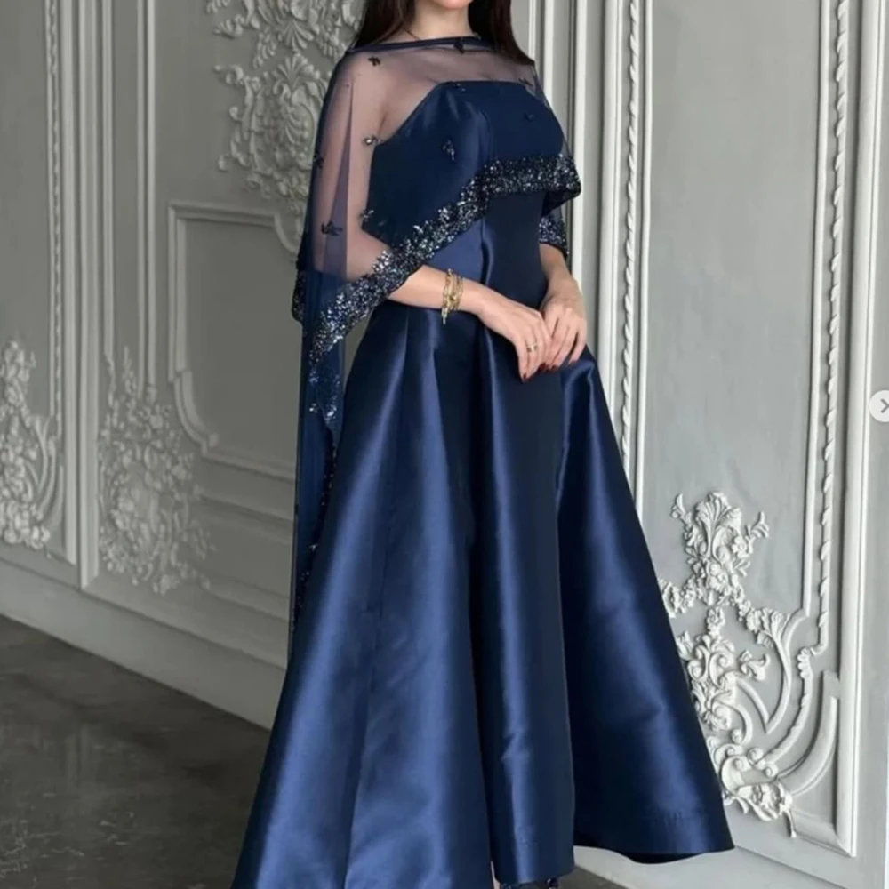 

Customized Sequined Navy Blue A-line Draped Satin Evening Dress for Women O-neck Cape Ankle Length Pageant Party Prom Gowns