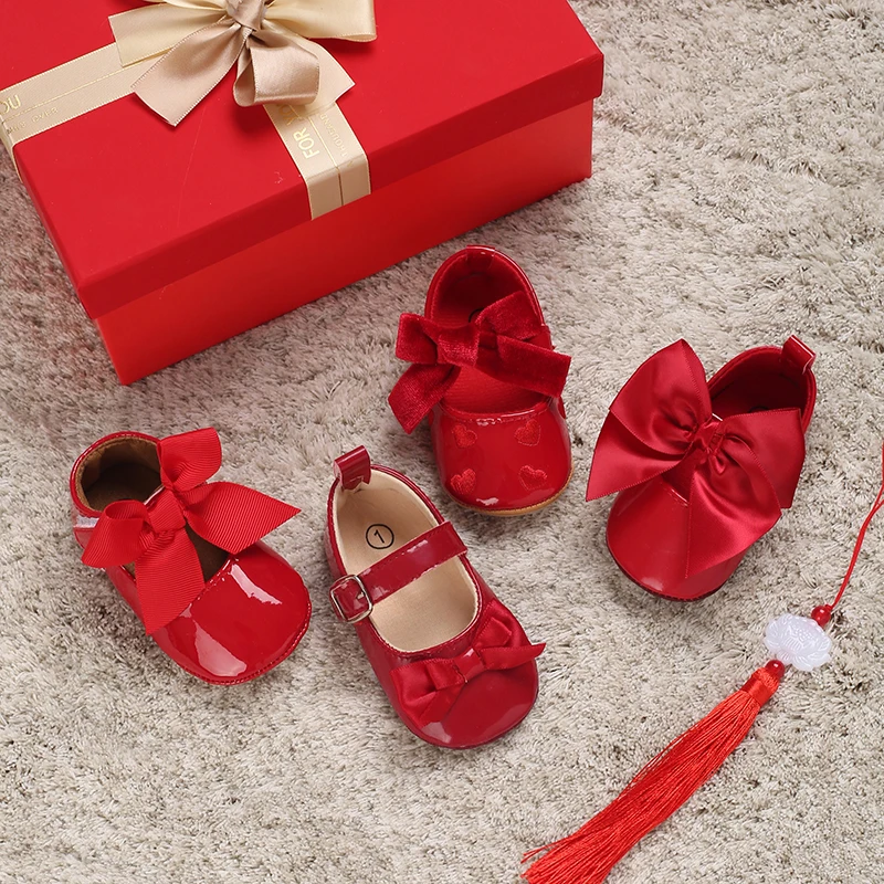 Red Newborn Baby Shoes Baby Girl Shoes Cute Classic Bowknot Rubber Sole Anti-slip PU Dress Shoes First Walker Toddler Crib Shoes