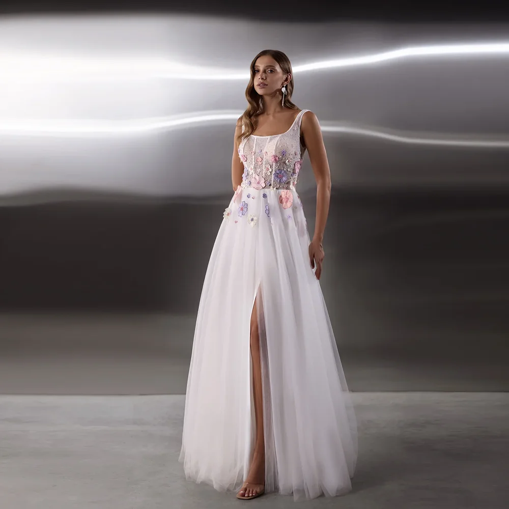 

Elegant Spaghetti Straps Tulle Prom Cocktail Dress with Floral Lace A-line Backelss Floor-Length Side Slit Prom Gown Customized