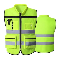 Man Working Clothes Safety Vest Hi Vis Workwear Multi Pockets Construction Work High Visibility Reflective Fluorescent Vest