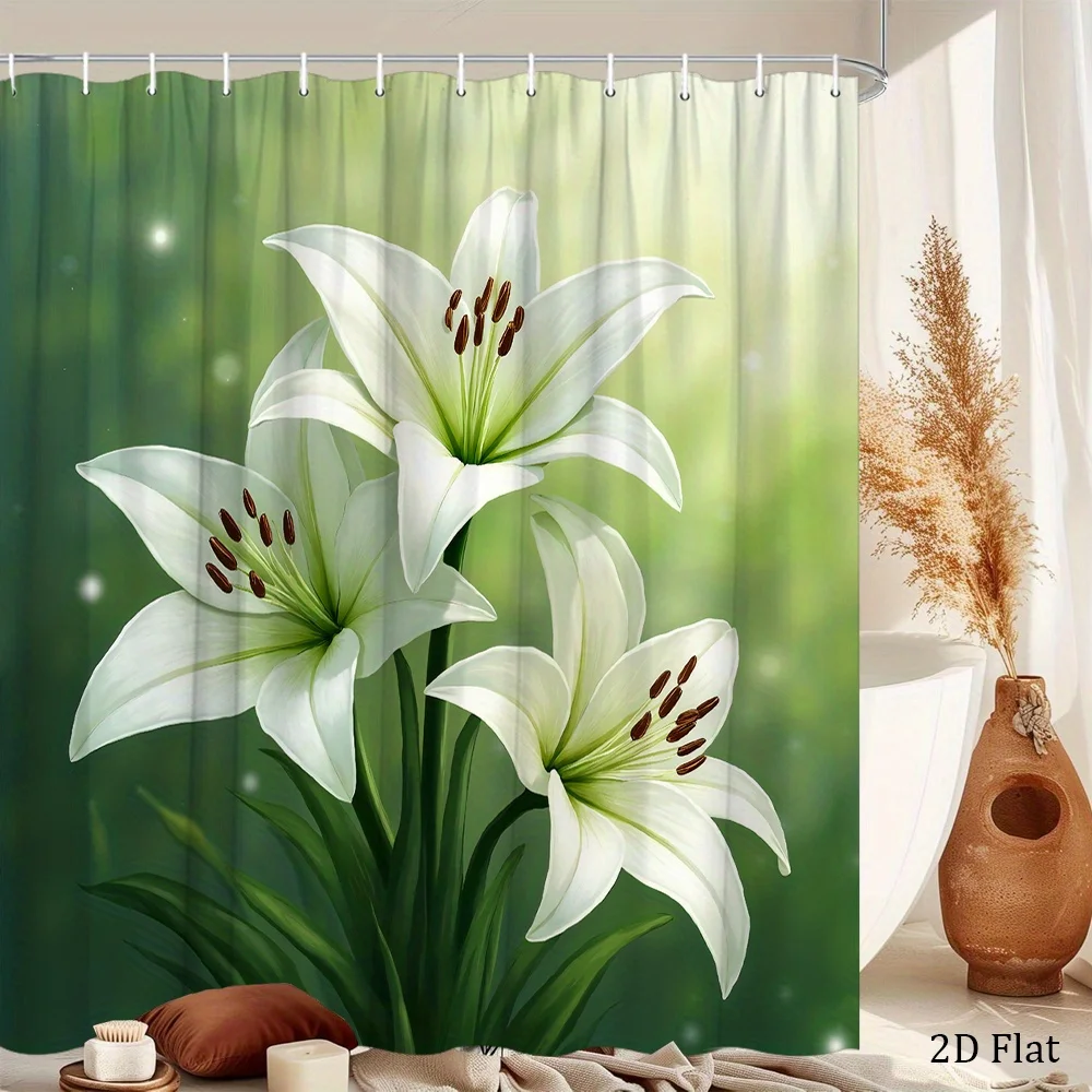 Elegant White Lily Design Shower Curtain, Soft Green Accents, Polyester Fabric, Includes 12 Hooks, 70x70 Inches - Perfect for Ba