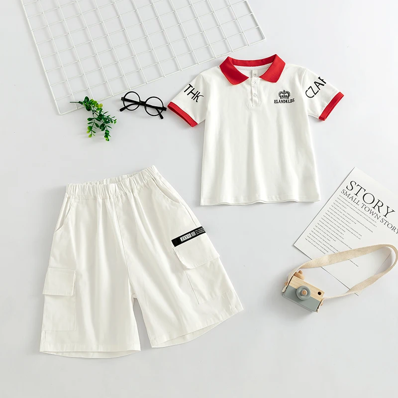 Boys Polo Shirt Set New Pi Shuai Men's Treasure Foreigner Short sleeved Korean Children's Summer Casual Two Piece Set