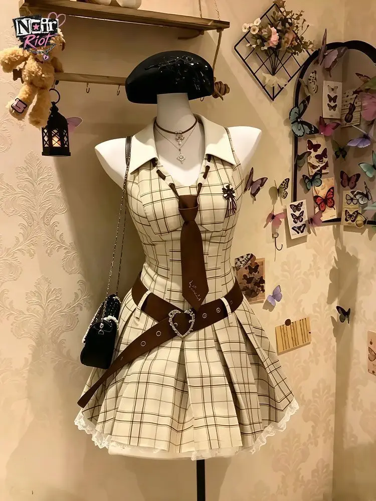 Japanese Vintage Plaid Mini Dress Women Preppy White Collar Tie Detail Pleated Lace Hem Slim Waist Campus Daily Y2K Chic Outfits