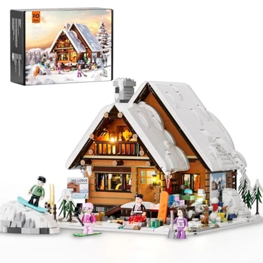 

Christmas Ski-Cabin Lighting Building Bricks Set Retro Winter Snow House LED Light Construction Model Kit 2187 Pcs Red and Whit
