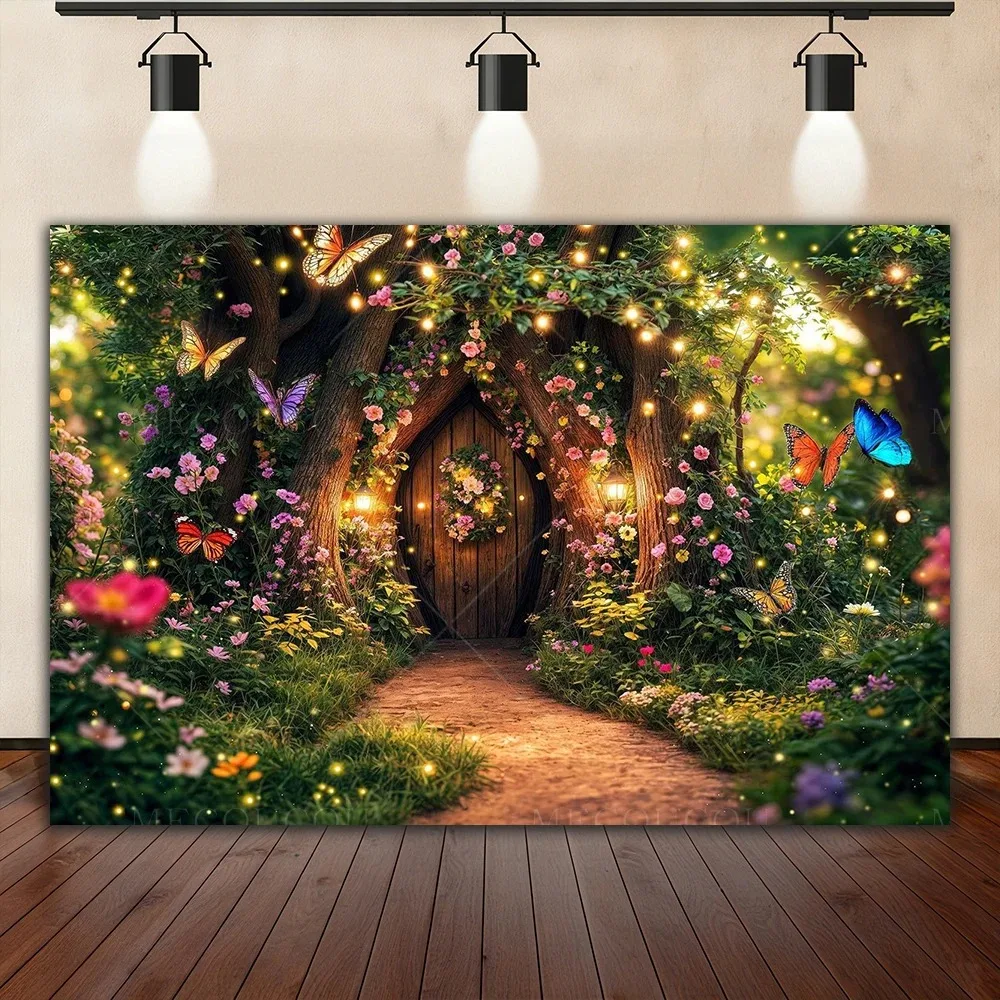 Fairy Tale Fantasy Forest Wonderland Magic House Banner Backdrop, Natural Forest Children's Birthday Party Photography Backdrop