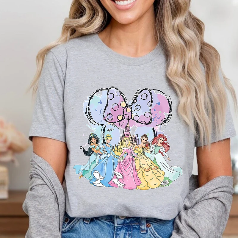 Disney Princesses Minnie Head Printed Women's T-Shirt Pure Cotton Short Sleeve Casual Tops Cartoon Clothing