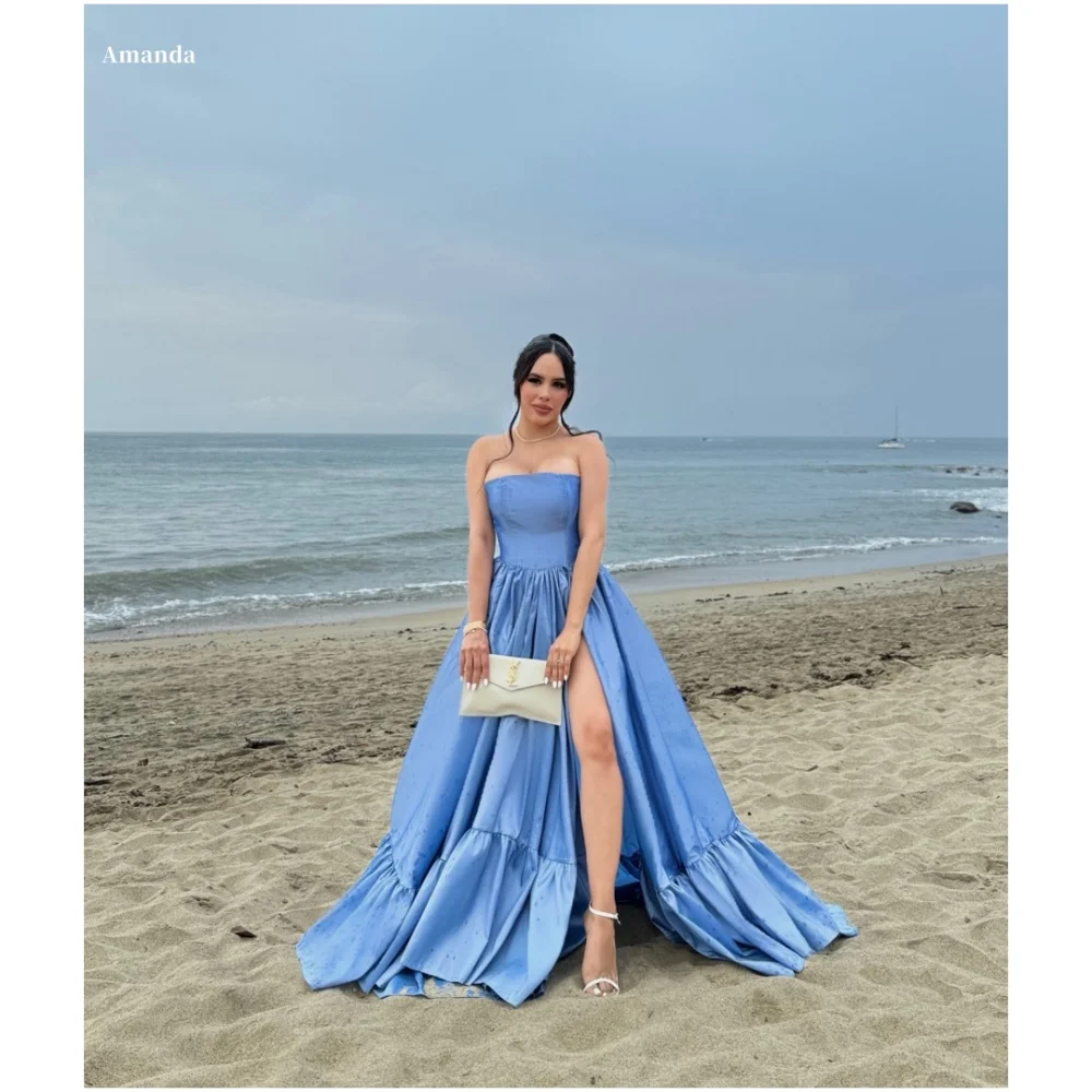 

Amanda Customized Blue Side Slit Strapless robes de soirée Taffeta Party Dresses Sleeveless A-line Floor-Length Prom Dress 2024