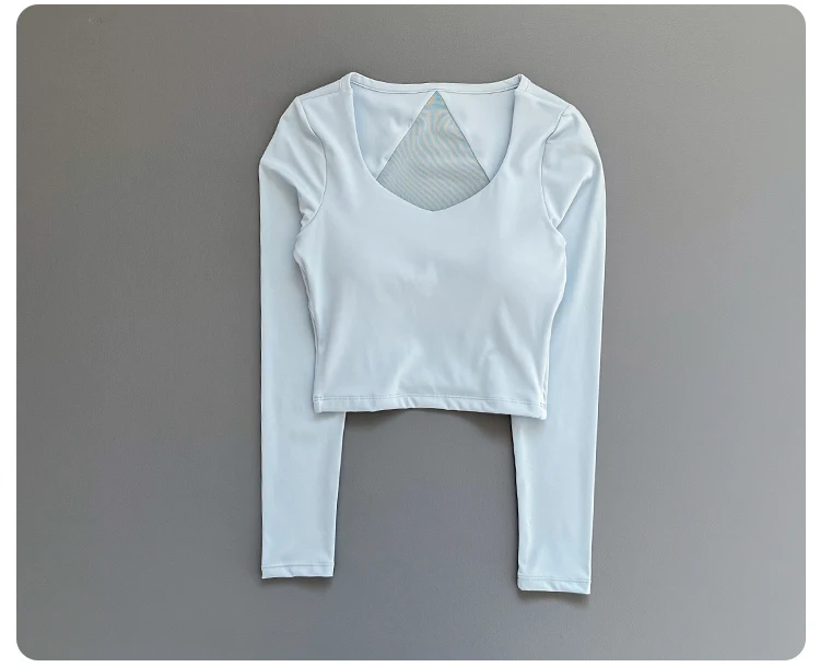 Women Deep V Mesh Back Cutout Crop Long Sleeve Yoga Top Slim Quick Dry Breathable Running Fitness Sports Tee