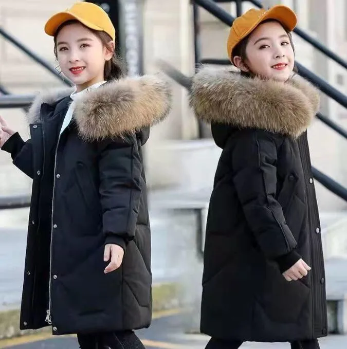 Teenager Winter Fashi Girls Jacket Keep Warm Fur Collar Princess Coat Solid Color Hooded Zipper Outerwear Christmas Kids Clothes