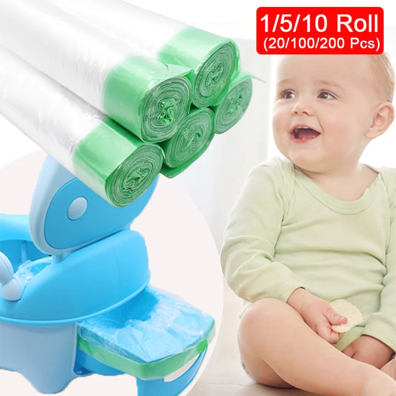 10 Roll/200 Pcs Universal Potty Training Toilet Seat Bin Bags Travel Potty Liners Baby Poop Bags Easy-To-Tie Diapers Bags