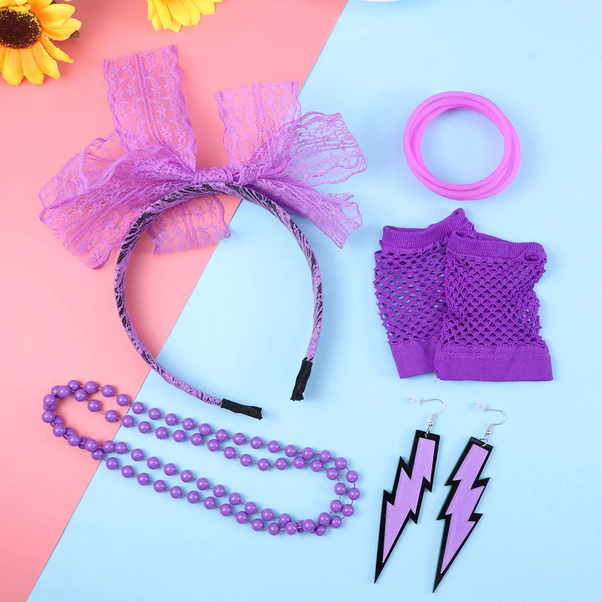 5-teiliges 80er-Jahre-Kostüm-Zubehör-Set, bunte Armbänder, Halskette, Ohrringe, Spitze, Stirnband, Netzhandschuhe, Party-Outfit