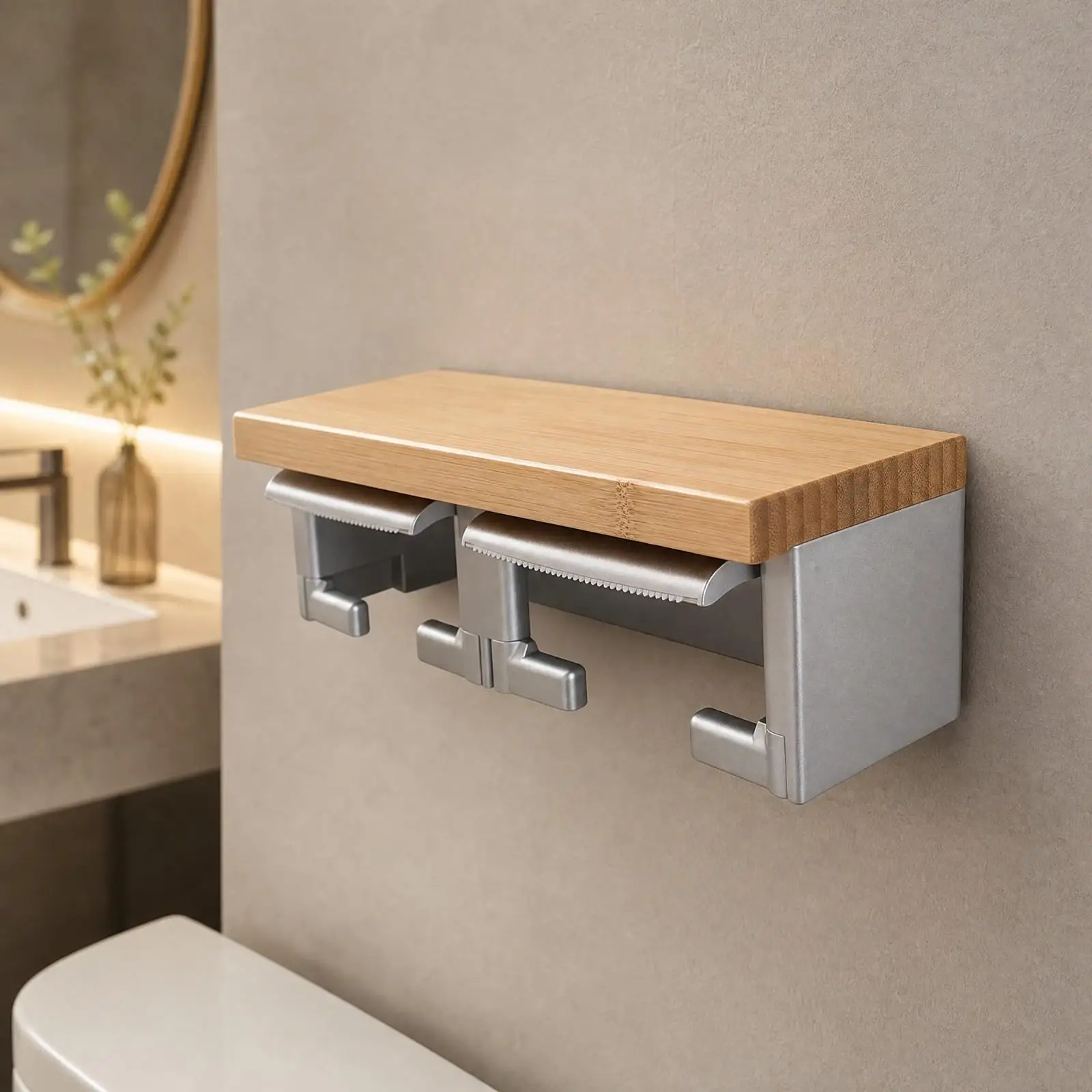 Two Roll Bamboo Toilet Paper Holder with Top Shelf Wall Mounted Bathroom Tissue Dispenser with Hooks for Accessories
