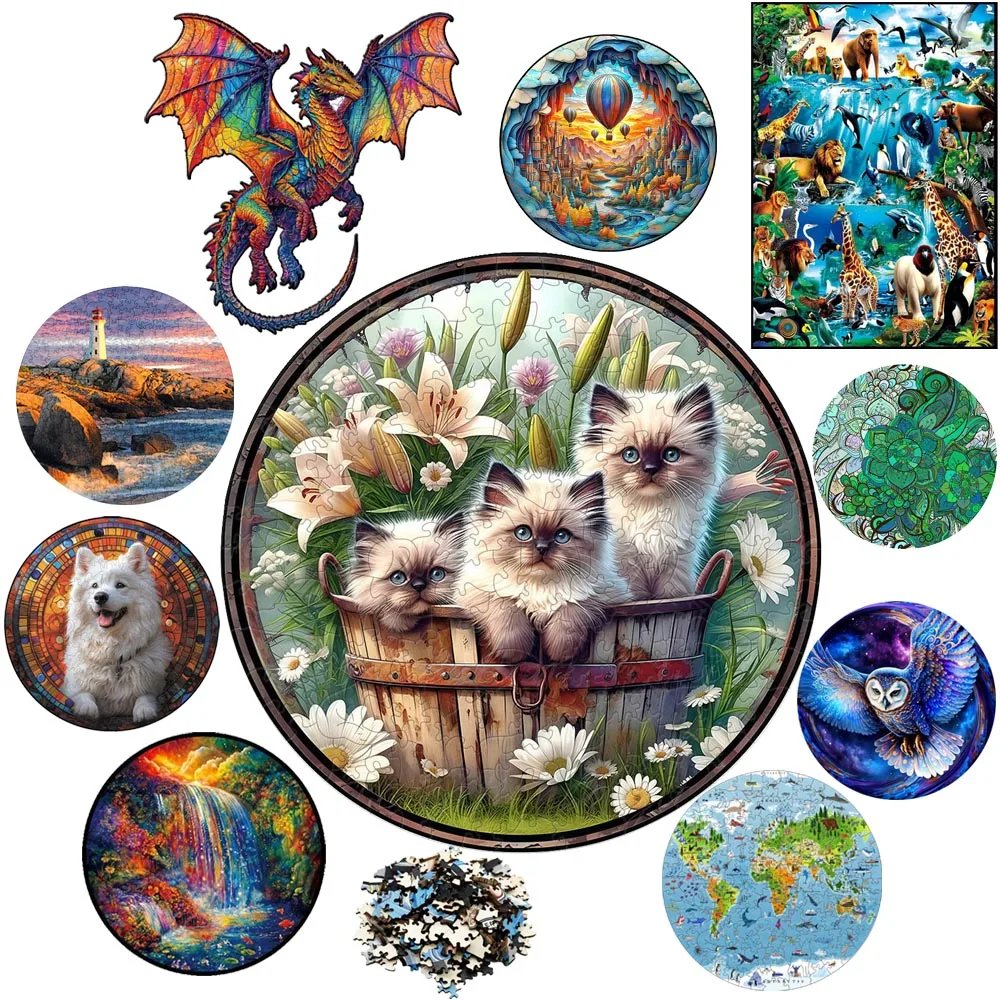 Angry Cat Wooden Animal Puzzle for Adults Kids Holiday Gift  Intelligent Family Interactive Games Jigsaws