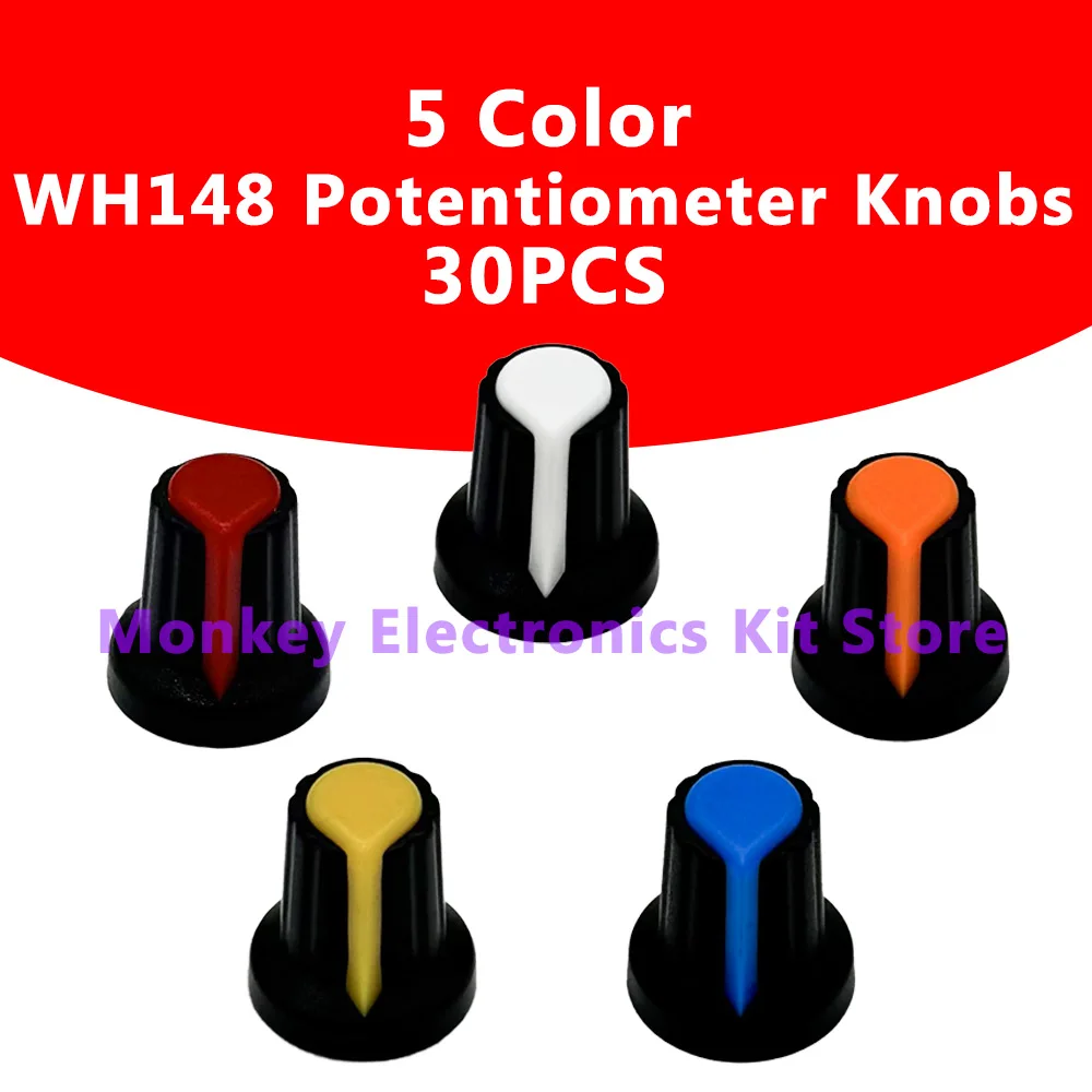 PLR 30PCS 5Color Lot 15X17mm 6mm Plastic Cap 5 colors Yellow Orange Blue White Red WH148 Potentiometer knobs