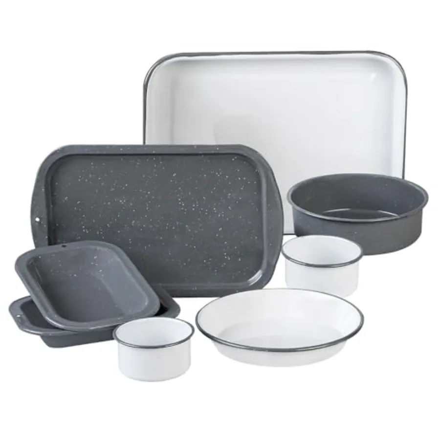 

8 piece Healthy Bakeware Set. Unique colors! Enameled steel baking sheets and pans. Oven and camping friendy. PTFE Free., Large