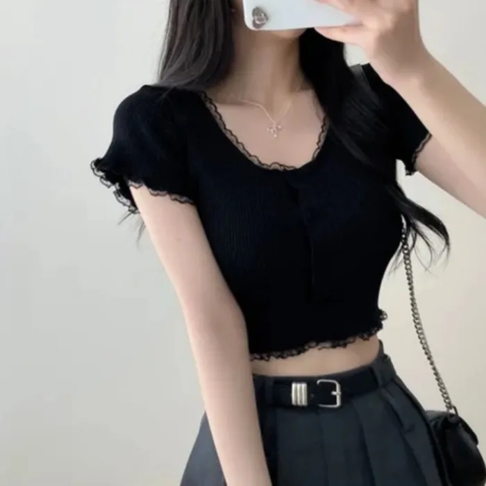 Top de Encaje Tejido para Mujer, Estilo Dulce y Versátil de Verano, Estilo Suave que Deja el Vientre al Descubierto, Encaje C...