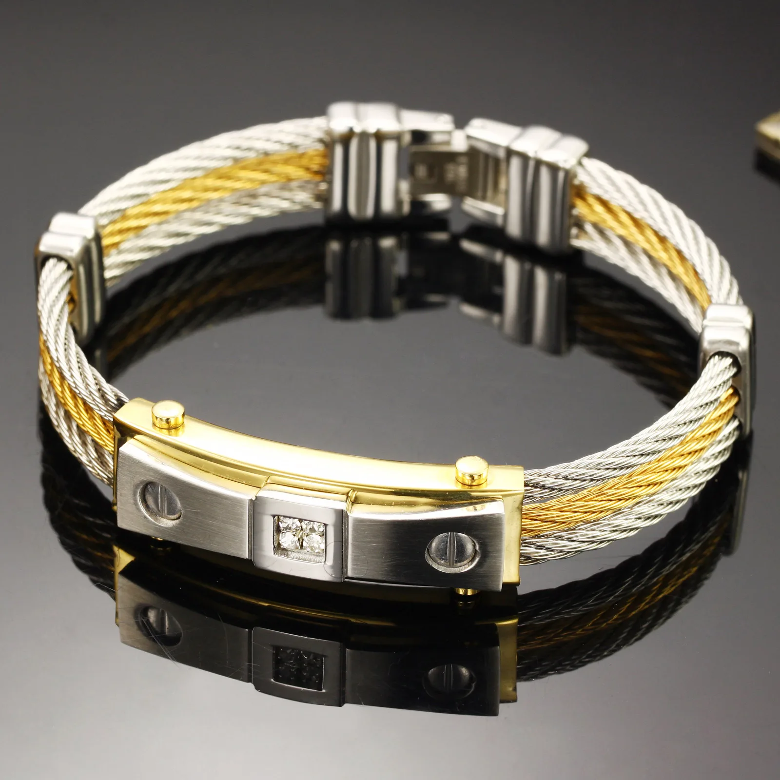 Cable wire screw sign crystal inlay design men bracelet jewelry