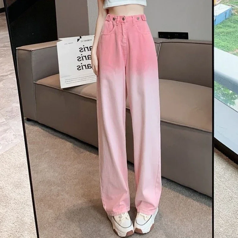 With Pockets Pants for Women High Waist Shot Womens Jeans Pink Straight Leg Trousers Hippie Wide Vintage Medium Gyaru A R 90s Z