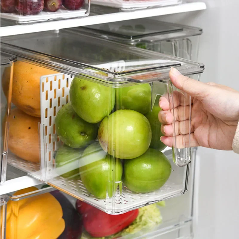 Kitchen Food Preservation Box Refrigerator Organizer With Handle Stackable Vegetable Fruit Storage Containers Home Organization