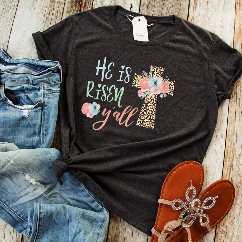 He Is Risen Y'all Shirt Cute Easter 2022 Fashion Women Shirt Leopard Print Cross Easter Tee Christian Classic White Top