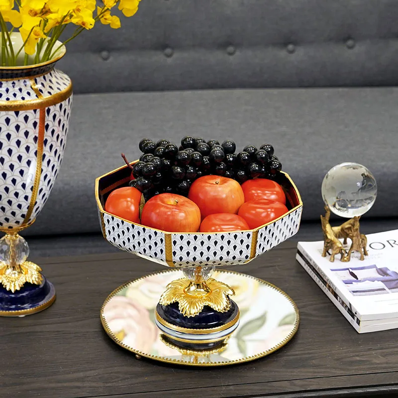 Luxury Peacock Feather Pattern Ceramic Fruit Tray Living Room Coffee Table Storage Tray Office Nut Snack Tray Ornaments
